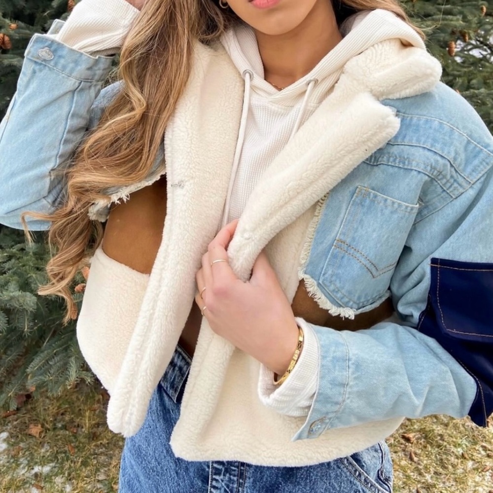 DENIM SHEARLING CROP JACKET. Multiple Colors.